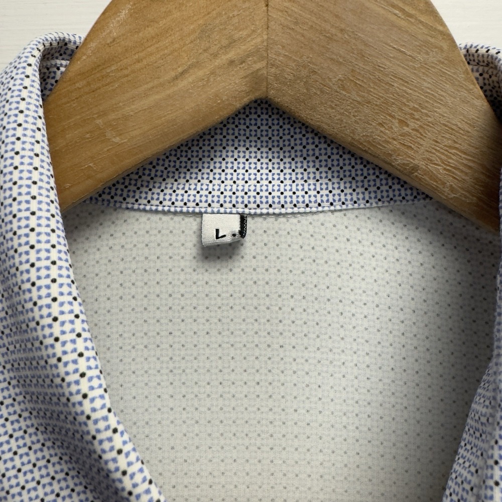 State & Liberty Men's Large White/Blue Geometric Polka Dot Performance Shirt euc - Picture 3 of 6